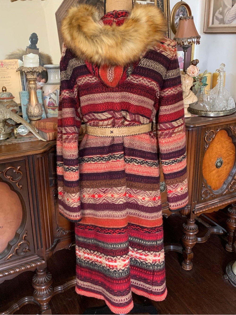 Vintage Boho Nepal-inspired Cardigan Sweater w Leather Belt & Faux Fur Hood - Picture 5 of 16